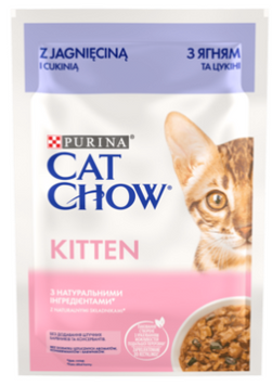Cat Chow Консервований порційний повнораціонний корм для кошенят, з ягням та цукіні, ніжні шматочки в підливці 85 г 12527718 фото