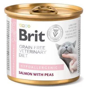 Вологий корм для кішок Brit VetDiets Hypoallergenic з харчовою алергією або непереносимістю, 200 г (лосось та горошок) 101314 фото