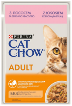 Cat Chow Консервований порційний повнораціонний корм для дорослих котів, з лососем та зеленою квасолею, ніжні шматочки в желе 85 г 12527714 фото