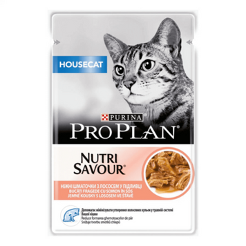 PRO PLAN&reg; HOUSECAT NUTRISAVOUR&reg;. Консервований порційний повнораціонний корм для дорослих котів, що живуть вдома. З лососем. Шматочки у підливці. 85 г. 12457618 фото