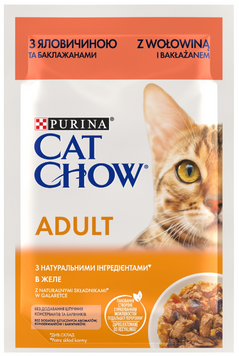 Cat Chow Консервований порційний повнораціонний корм для дорослих котів, з яловичиною та баклажанами, ніжні шматочки в желе 85 г 12527643 фото
