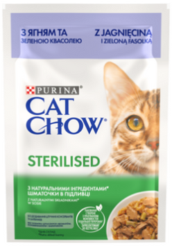 Cat Chow Консервований порційний повнораціонний корм для дорослих стерилізованих кішок та кастрованих котів, з ягням, зеленою квасолею, шматочки в підливці 85 г 12527609 фото