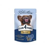 CLUB 4 PAWS PREMIUM ПОВНОРАЦІОННИЙ КОНСЕРВОВАНИЙ КОРМ ДЛЯ ДОРОСЛИХ СОБАК МАЛИХ ПОРІД "ШМАТОЧКИ З КАЧКОЮ ТА ІНДИЧКОЮ В СОУСІ", 85 г