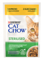 Cat Chow Консервований порційний повнораціонний корм для дорослих стерилізованих кішок та кастрованих котів, з куркою, баклажанами, шматочки в підливці 85 г