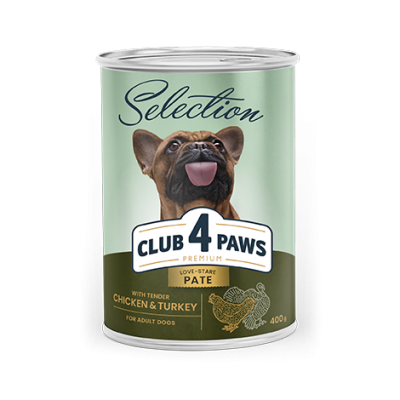 CLUB 4 PAWS PREMIUM (Паштет з куркою і індичкою) повнораціонний консервований корм для дорослих собак. 400 г